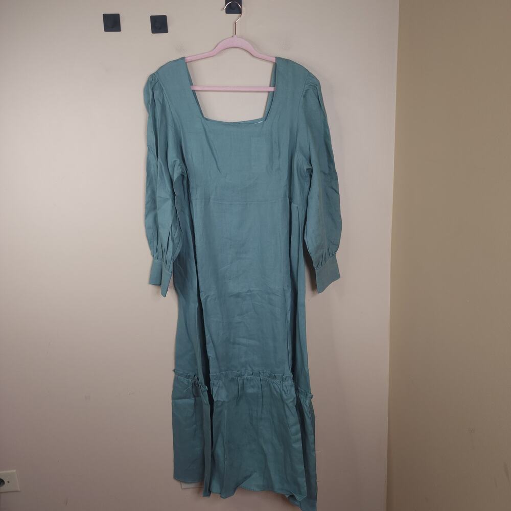 Harshman Bloom Linen Flounce-Ruffle Dress in Olive Green Size 1X
